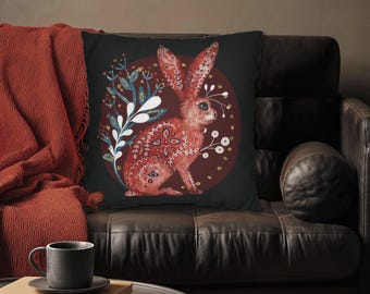 Red Henna Patterned Bunny Pillow Cover, Black Boho Decor