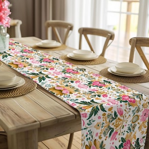 Pretty Pink Gold Green Floral Table Runner, Dining Table Decor, Floral Table Decor, Spring Summer Dining Room Decor, 2 Sizes, 2 Fabrics