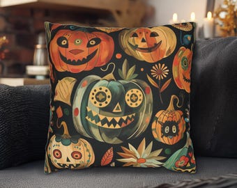 Può includere: Cuscino quadrato decorativo con un design a tema Halloween. Il cuscino presenta varie zucche arancioni e verdi con facce sorridenti su uno sfondo nero. Il cuscino è posto su un divano grigio, aggiungendo un tocco festoso all'arredamento.