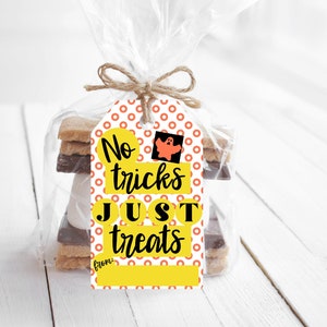 Halloween Gift Tag, Printable, No Tricks Just Treats, Favor Tag, Halloween Party Favor Tag, Trick or Treat Bag Tag, Customization Option