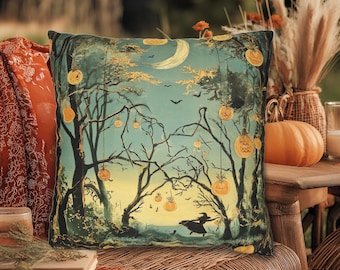 Halloween-kudde med vintagehäxa, lyktträd, pastellgotisk dekor