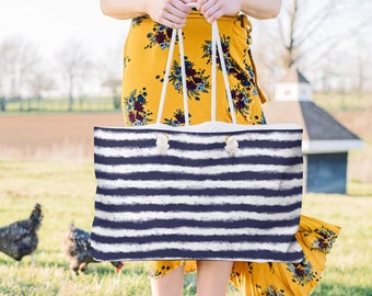 BORSA DA SPIAGGIA A STRISCE, strisce blu e bianche, borsa da spiaggia, borsa weekender, borsa con maniglia in corda, borsa bianca blu, borsa tote del fine settimana, borsa in tela a righe