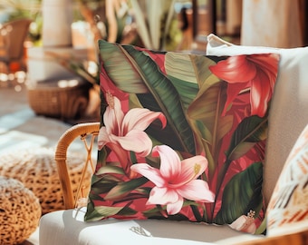 Almohada decorativa con estampado floral vintage tropical rosa, almohada impermeable para exteriores, juego de almohadas decorativas, decoración floral rosa, almohada floral hawaiana