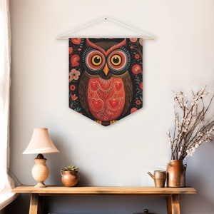 Owl Folk Art Pennant Flag Wall Hanging - Ready to Hang, Owl Wall Decor, Woodland Wall Decor, Valentines Owl, Owl Decor Gift, 18x21&quot;
