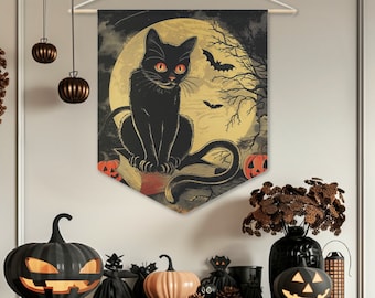 Bandeirola de Halloween estilo vintage com gato preto e lua cheia, decoração assustadora para parede, 45x53 cm