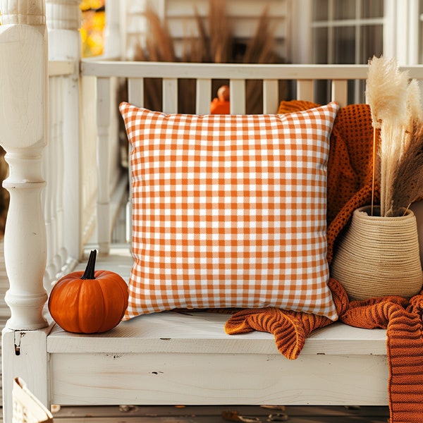 ORANGE GINGHAM PLAID Square Throw Pillow, Fall Pillow Cover, Fall Gingham Pillows, Autumn Decor, Fall Home Decor, Orange Check Pillow