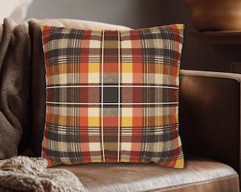 Fall Plaid Rustic Throw Pillow in Brown Orange Yellow Cream : Autumn Plaid Home Decor