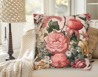Romantic Pastel Floral Throw Pillow Pink Yellow, Waterproof Outdoor Pillow, Throw Pillow Set, Romantic Floral Decor, Victorian Floral Pillow