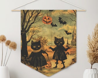 Bandeira de parede estilo retrô vintage de Halloween com bandeirinha de gato preto e cavilha de madeira, decorações de Halloween, decoração de parede de Halloween, Whimsigoth