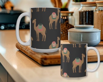 Camel Coffee Mug, Moroccan Boho Style, Black Background (11oz, 15oz)