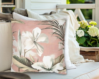 Cojín floral tropical rosa empolvado, cojines de verano para exteriores, juego de cojines, decoración floral rosa, cojín floral hawaiano rosa