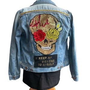 I KEEP MY Visions To Myself Hand Painted Embellished Studded J Crew Denim Jacket - Large Skull & Rose -Size M