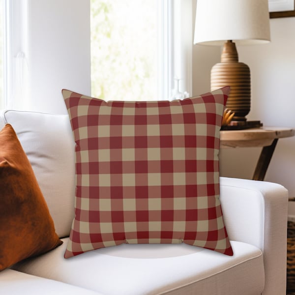 MAROON & BEIGE GINGHAM Plaid Square Throw Pillow, Fall Gingham Pillow, Fall Plaid Pillow, Dark Red Plaid Pillow, Maroon Plaid Decor