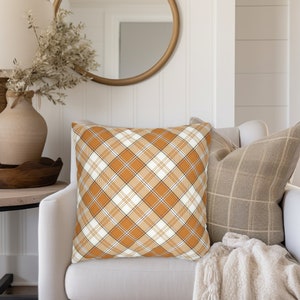 FALL PLAID LIGHT Orange  Cream Square Throw Pillow Cover, Autumn Accent Pillow Covers, 14x14, 16x16, 18x18, 20x20