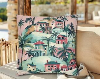 Cojín Tropical Summer Village rosa y turquesa, cojines de verano, cojines impermeables para exterior, juegos de cojines, cojines tropicales