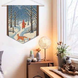 Cozy Winter Wall Decor &#39;Winter Walk&#39; Fox Pennant Flag - Ready to Hang, Boho Winter Wall Decor, Folk Art Wall Decor, Winter Woodland Decor