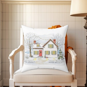 Winter Home Throw Pillow Cover with White Winter Farmhouse Drawing, Winter Throw Pillows, Winter Farmhouse Decor, 14x14, 16x16, 18x18, 20x20
