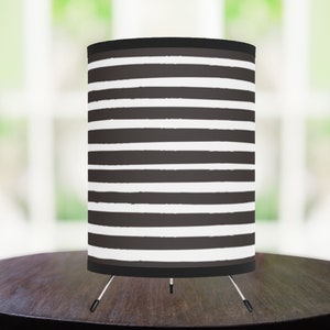 Striped Lamp, Striped Desk Lamp, Bedroom Lamp, Tripod Lamp, Black White Stripes, Black Room Decor, Circular Shade, Black Stripes