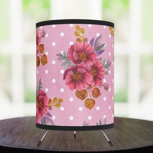 Pink Floral Lamp,  Polka Dot Lamp, Pink and White, Pretty Lamps, Floral Decor, Bedroom Lamp, Decorative Lamp, Circular Shade, 7x7x11&quot;
