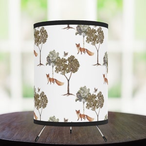 Fox Lamp, Woodland Lamp, Bedroom Lamp, Tripod Lamp, Tree Lamp, Woodland Decor, Circular Shade, Fox and Tree Pattern