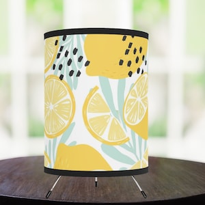 Lemon Print Lamp,  Lemon Desk Lamp, Bedroom Lamp, Tripod Lamp, Yellow Lamp, Lemon Decor, Botanical Decor, Circular Shade, Cheerful Decor
