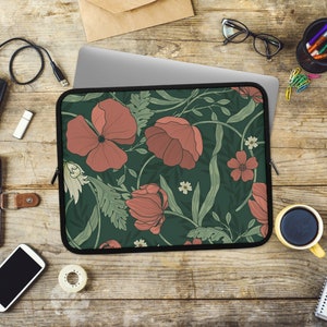 Funda para portátil y tableta estilo William Morris con estampado floral rojo y verde, funda para portátil verde oscuro, bonito estampado floral rojo, 7&quot;, 10&quot;, 13&quot;, 15&quot;, 17&quot;