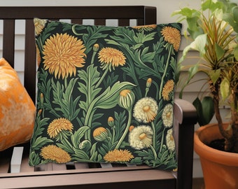 Dandelion Throw Pillow Yellow Green Black, Dandelion Flowers, Indoor Outdoor Pillow, Waterproof Pillows, Unique Floral Decor, Dandelion Puff