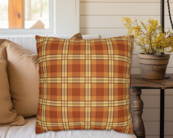 ORANGE FALL PLAID Housse d’oreiller carrée, housses d’oreiller d’accent d’automne, 14x14, 16x16, 18x18, 20x20