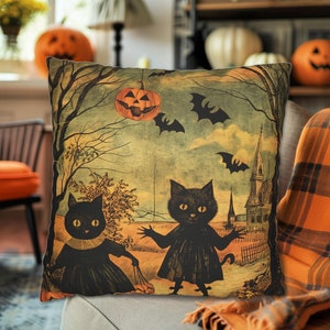 Halloween Throw Pillow Black Cats Vintage Retro 'Trick or Treat' Bats Pumpkins, Halloween Home Decor, Black Cat Halloween Decor