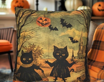 Cojín de Halloween con diseño de gatos negros, murciélagos, calabazas y estilo retro vintage de «truco o trato». Decoración de Halloween para el hogar. Decoración de Halloween con gatos negros.