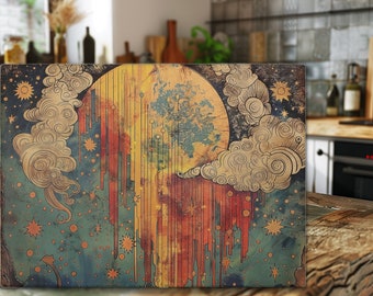 Boho Cutting Board Tempered Glass Art Nouveau Dripping Moon Sun Celestial Serving Display, Art Nouveau Kitchen, Boho Kitchen, Kitchen Gift
