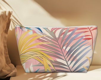 PASTEL PALM LEAVES Accessorio per trucco da viaggio Custodia con cerniera in 2 dimensioni, Borsa per trucco pastello, Borse Boho, Custodia con cerniera da spiaggia, Pratica idea regalo