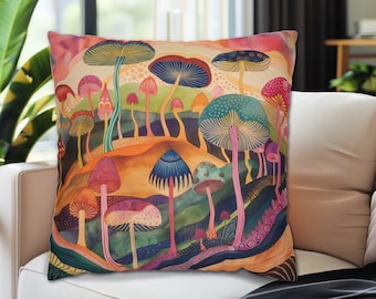 Mushroom Colorful Forest Boho Throw Pillow, Bohemian Decor