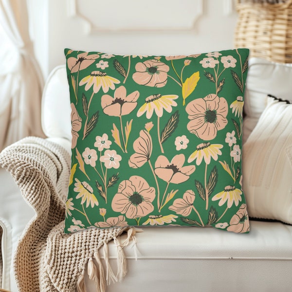 GREEN & PEACH Boho Floral Botanical Throw Pillow, Wildflower Pillows, Green Floral Decor, Indoor Outdoor Pillows, Pretty Floral Home Goods