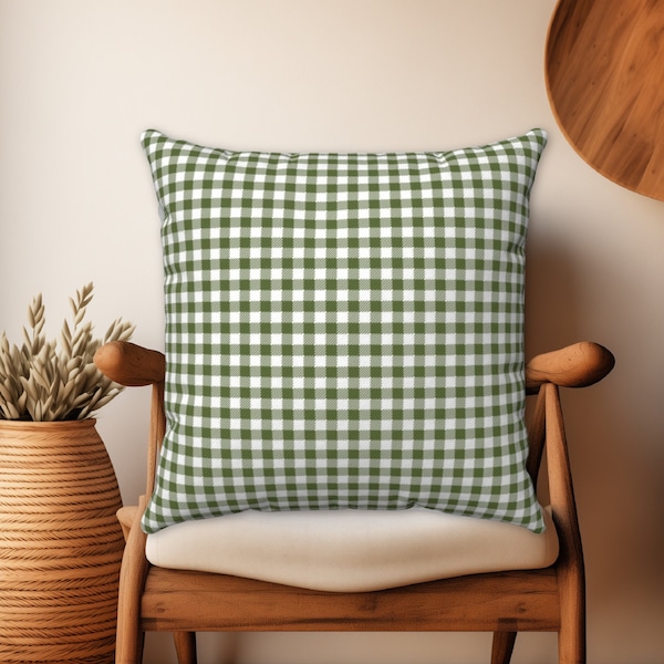 GREEN GINGHAM PLAID Square Throw Pillow Cover, Fall Plaid Pillows, Green Check Pillows, Plaid Decor Pillows, Green Plaid Waterproof Pillow