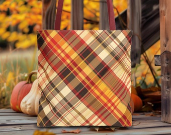 Fall Plaid Tote Bag, Autumn Colors, Choice of Handle Colors & Size