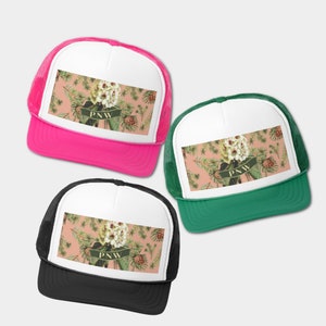 PNW Trucker Hat Pacific Northwest Snapback Available in 3 Colors - Green, Pink & Black, Northwest Hats, Rhododendron Flowers, PNW Baseball