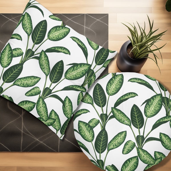 BOHO FLOOR PILLOW Cushion in Leaf Print Pattern Choose Round or Square 30x30", Large Floor Cushion, Boho Floor Seating, Dieffenbachia Plants