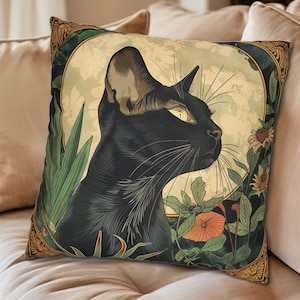 Black Cat & Moon Art Nouveau Style Throw Pillow, Black Cat Home Decor, Cat Home Goods, Indoor Outdoor Pillows, Cat Home Decor, Whimsigoth