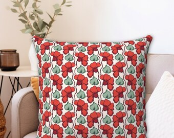 RED FLORAL THROW Pillow Cover with Sage Green Accents in 4 Sizes, Red Floral Decor, Pop Art Floral, Bold, 14x14", 16x16", 18x18", 20x20"