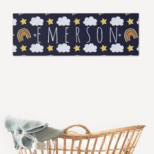 Custom Childrens Sign, Kids Name Sign, Nursery Sign, Celestial Nursery, Custom Kids Decor, Kids Room Decor, Moons, Stars, Rainbows, 36x12&quot;