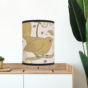 Botanical Bird & Floral Tripod Desk Lamp in Gold and Earth Tones, Bohemian Lamps, Pretty Bedroom Lamps, Woodland Decor, 11x7x7&quot;