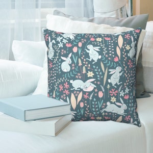 Easter Bunny Botanical Cute Whimsical Farmhouse Blue Decorative Throw Pillow, Folk Art Easter Decor, Easter Accent Pillows, Outdoor Easter