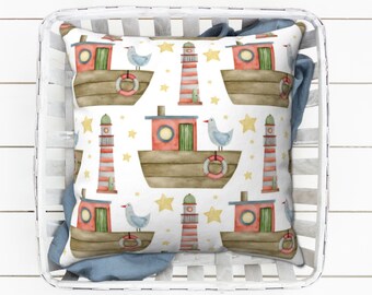 Tugboat Pillow Cover, Tug Boat Decor, Lighthouse, Boat Nursery, Kids Nautical, Kids Room Decor, Kids Decor, Tug Boat Room, Multiple Sizes