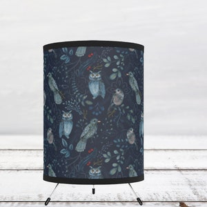 Owl Lamp, Navy Blue Owl Lamp, Bird Lamp, Bedside Lamp, Table Lamp, Tripod Lamp, Woodland Lamp, Woodland Decor, Bedroom Decor, Circular Shade