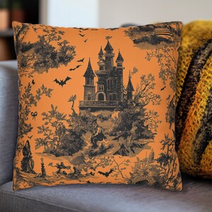 Orange Black Halloween Bat Castle Toile Pattern Throw Pillow, Halloween Decorations, Spooky Halloween Decor, Indoor Outdoor Halloween Pillow