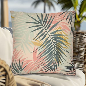 Summer Pastel Palm Leaves Throw Pillow Pink Yellow Green, Pastel Outdoor Pillows, Throw Pillow Sets, Tropical Pillows, Summer Home Decor