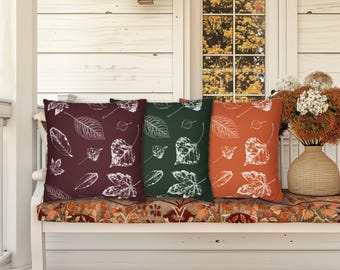 Fall Leaves Throw Pillows in Green Maroon and Orange, Autumn Leaves Throw Pillow, Fall Home Decor, Autumn Home Decorations