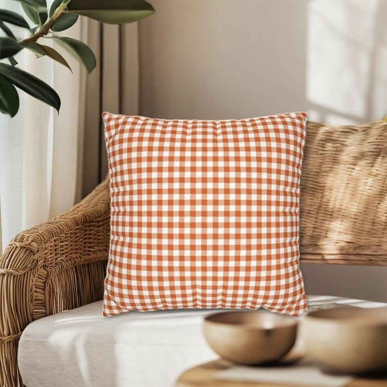 Oranje geruite vierkante sierkussen, herfstkussens, herfstkussens, zomerkussens, kussens met gingangruit, herfstdecor, herfsthuisdecor, oranje ruitkussen afbeelding 3