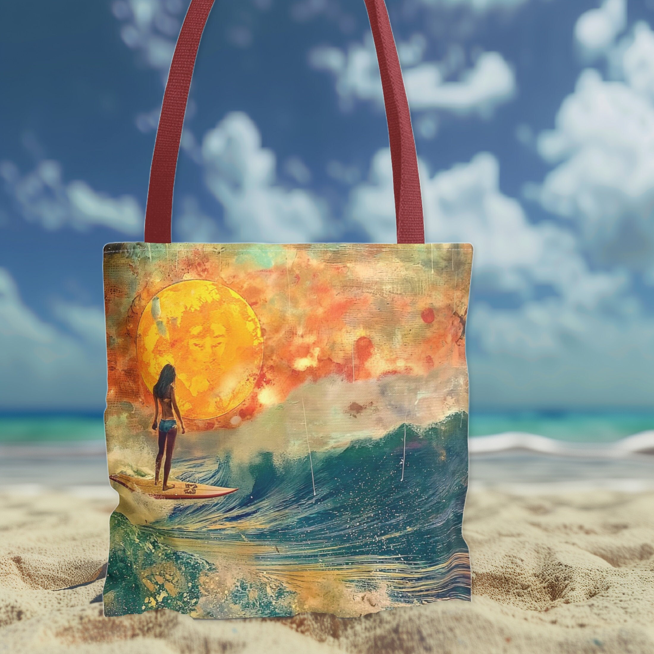 Boho Female Surfer Tote Bag, Distressed Beachy Style With Multiple